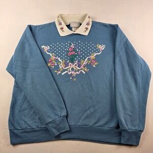 Blair Medium Blue Floral Embroidered Collar Sweatshirt Vintage Pullover Top